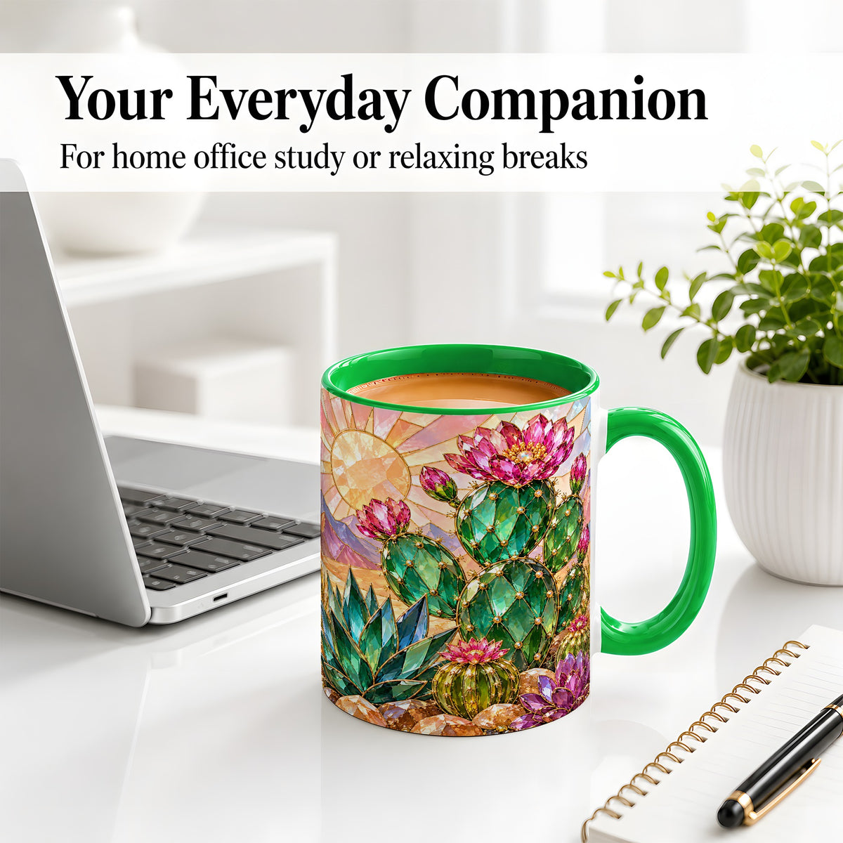 #pl[11oz|Green] Blooming Cactus Ceramic Mug, Desert Floral Design for Plant Lovers