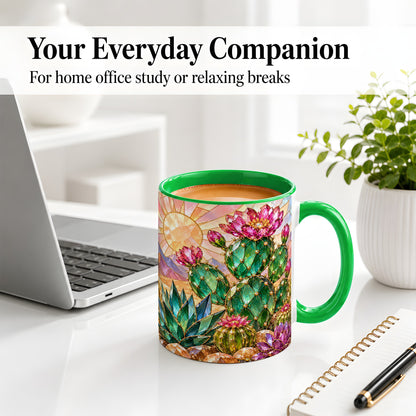 #pl[11oz|Green] Blooming Cactus Ceramic Mug, Desert Floral Design for Plant Lovers