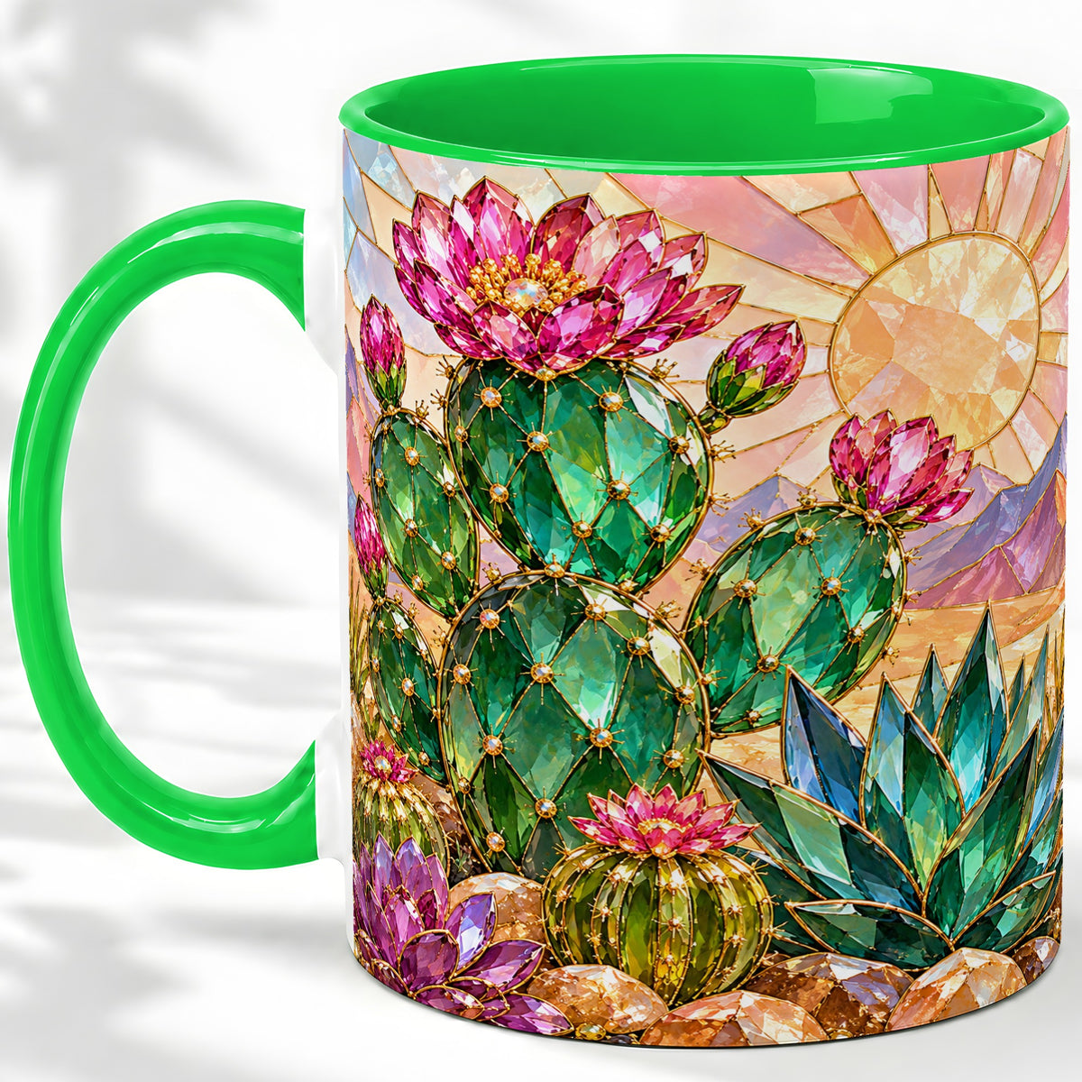 #pl[11oz|Green] Blooming Cactus Ceramic Mug, Desert Floral Design for Plant Lovers