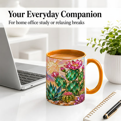 #pl[11oz|Orange] Blooming Cactus Ceramic Mug, Desert Floral Design for Plant Lovers