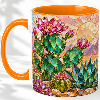 #pl[11oz|Orange] Blooming Cactus Ceramic Mug, Desert Floral Design for Plant Lovers