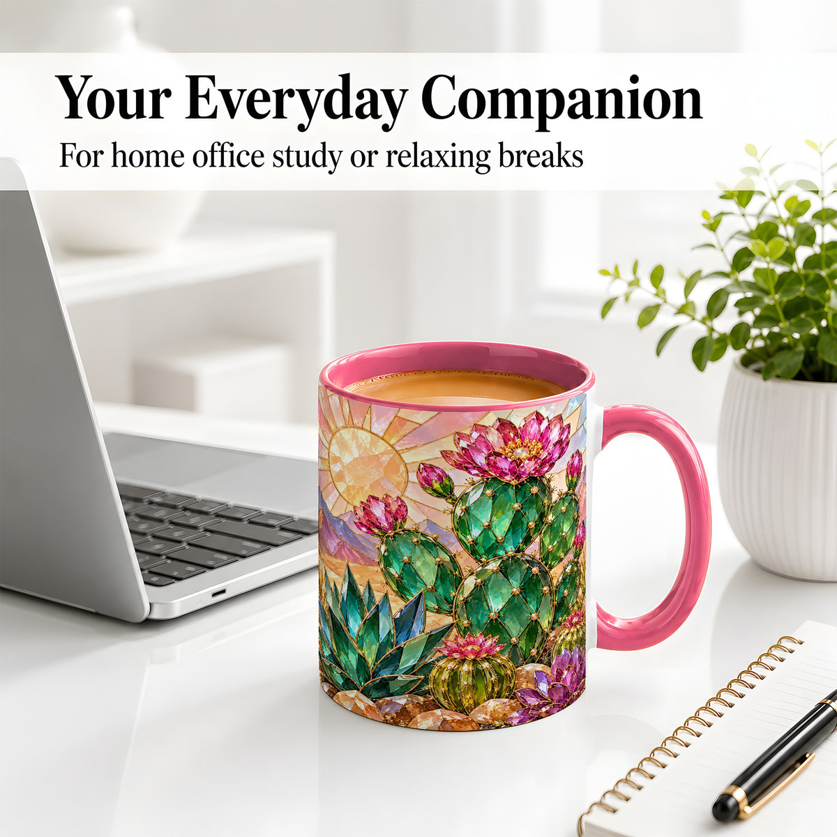 #pl[11oz|Pink] Blooming Cactus Ceramic Mug, Desert Floral Design for Plant Lovers