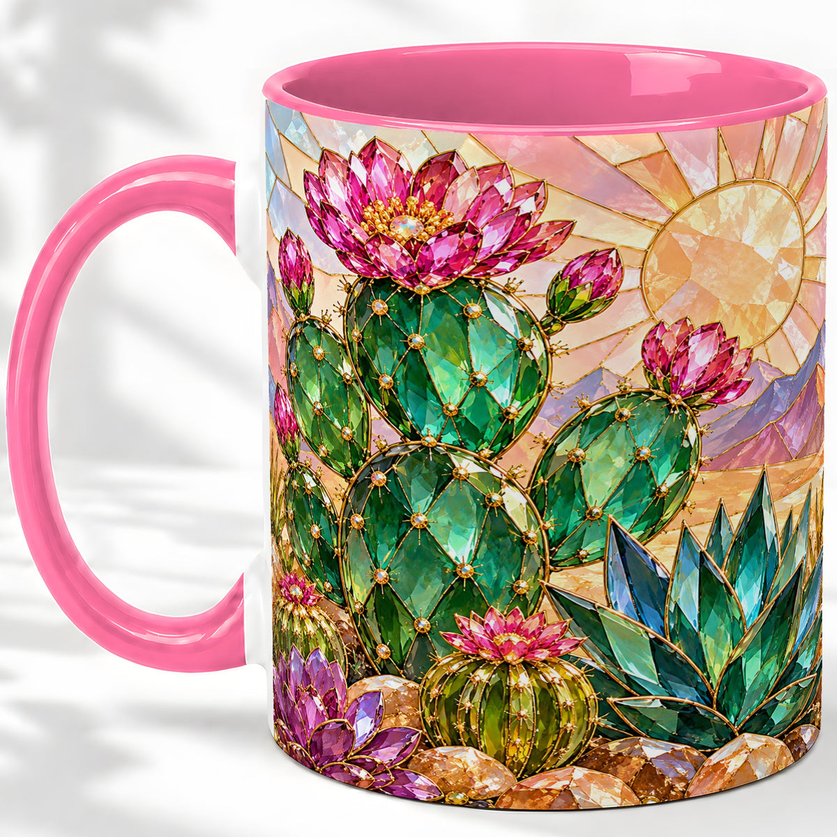 #pl[11oz|Pink] Blooming Cactus Ceramic Mug, Desert Floral Design for Plant Lovers