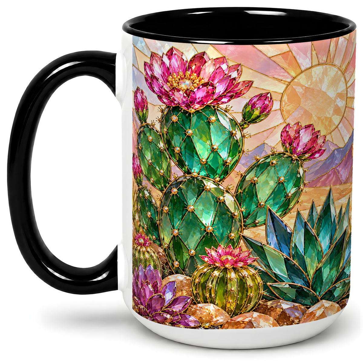 #pl[15oz|Black] Blooming Cactus Ceramic Mug, Desert Floral Design for Plant Lovers