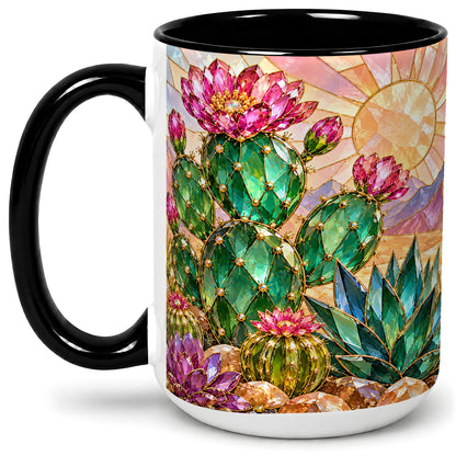 #pl[15oz|Black] Blooming Cactus Ceramic Mug, Desert Floral Design for Plant Lovers