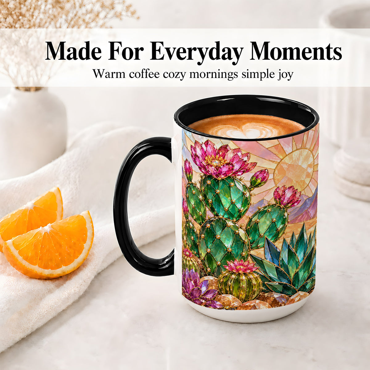 #pl[15oz|Black] Blooming Cactus Ceramic Mug, Desert Floral Design for Plant Lovers