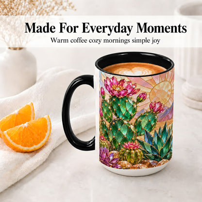 #pl[15oz|Black] Blooming Cactus Ceramic Mug, Desert Floral Design for Plant Lovers