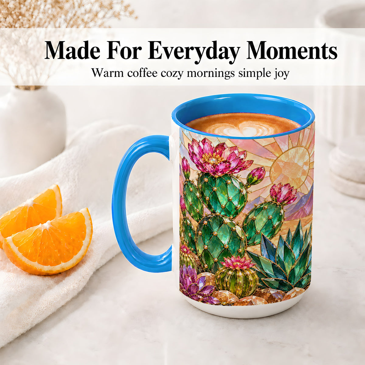 #pl[15oz|Blue] Blooming Cactus Ceramic Mug, Desert Floral Design for Plant Lovers