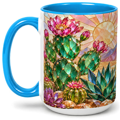 #pl[15oz|Blue] Blooming Cactus Ceramic Mug, Desert Floral Design for Plant Lovers