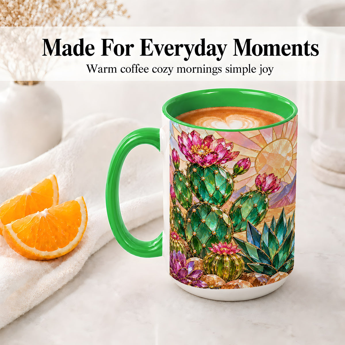 #pl[15oz|Green] Blooming Cactus Ceramic Mug, Desert Floral Design for Plant Lovers