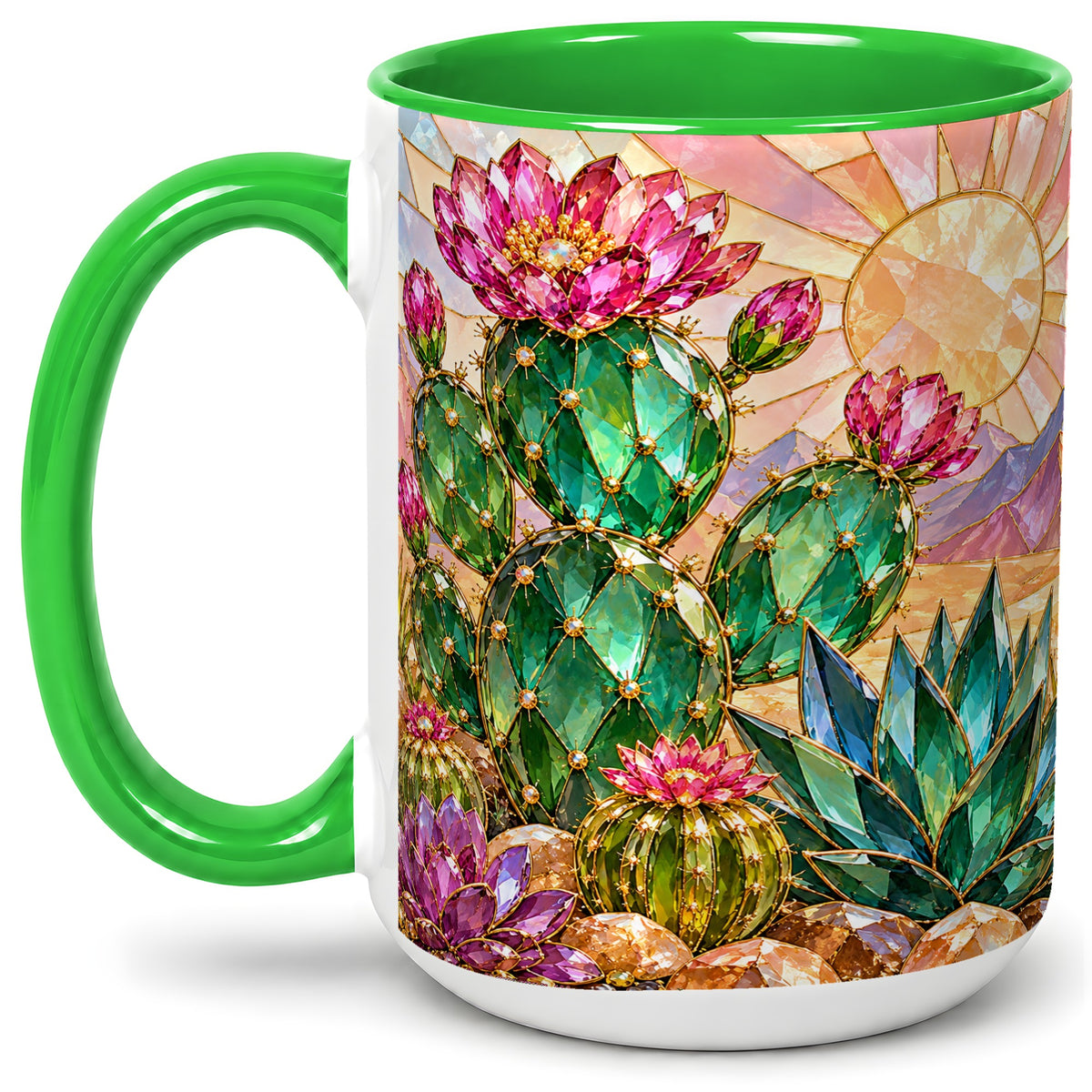 #pl[15oz|Green] Blooming Cactus Ceramic Mug, Desert Floral Design for Plant Lovers