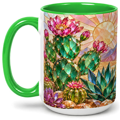 #pl[15oz|Green] Blooming Cactus Ceramic Mug, Desert Floral Design for Plant Lovers