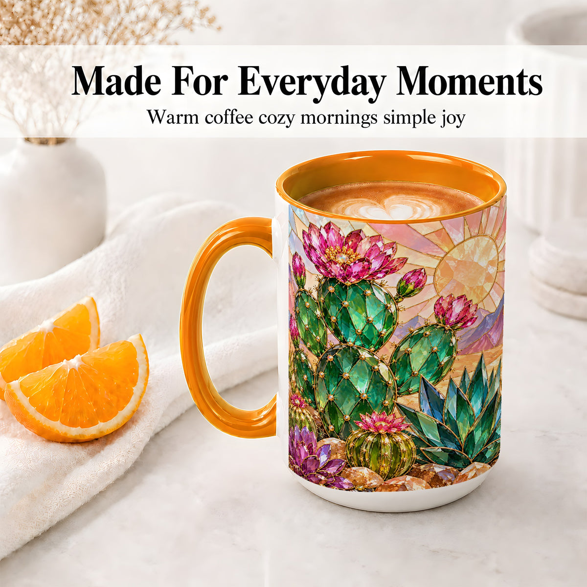 #pl[15oz|Orange] Blooming Cactus Ceramic Mug, Desert Floral Design for Plant Lovers