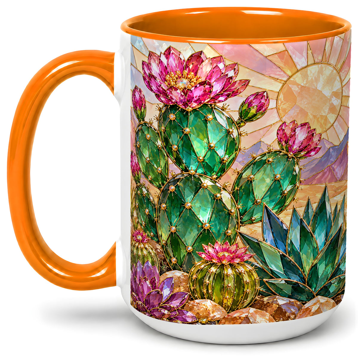 #pl[15oz|Orange] Blooming Cactus Ceramic Mug, Desert Floral Design for Plant Lovers