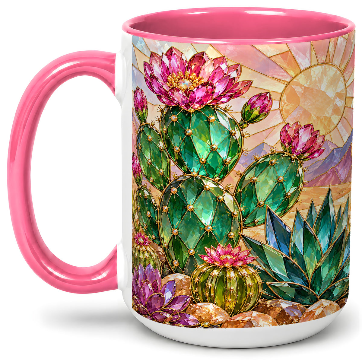 #pl[15oz|Pink] Blooming Cactus Ceramic Mug, Desert Floral Design for Plant Lovers