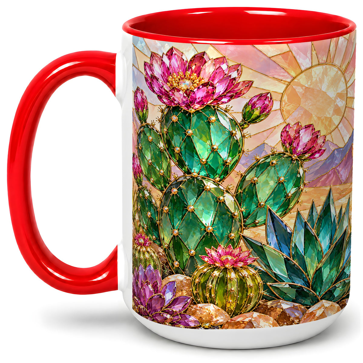 #pl[15oz|Red] Blooming Cactus Ceramic Mug, Desert Floral Design for Plant Lovers