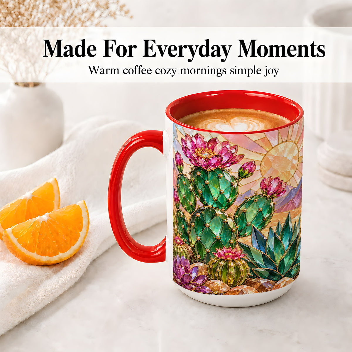 #pl[15oz|Red] Blooming Cactus Ceramic Mug, Desert Floral Design for Plant Lovers