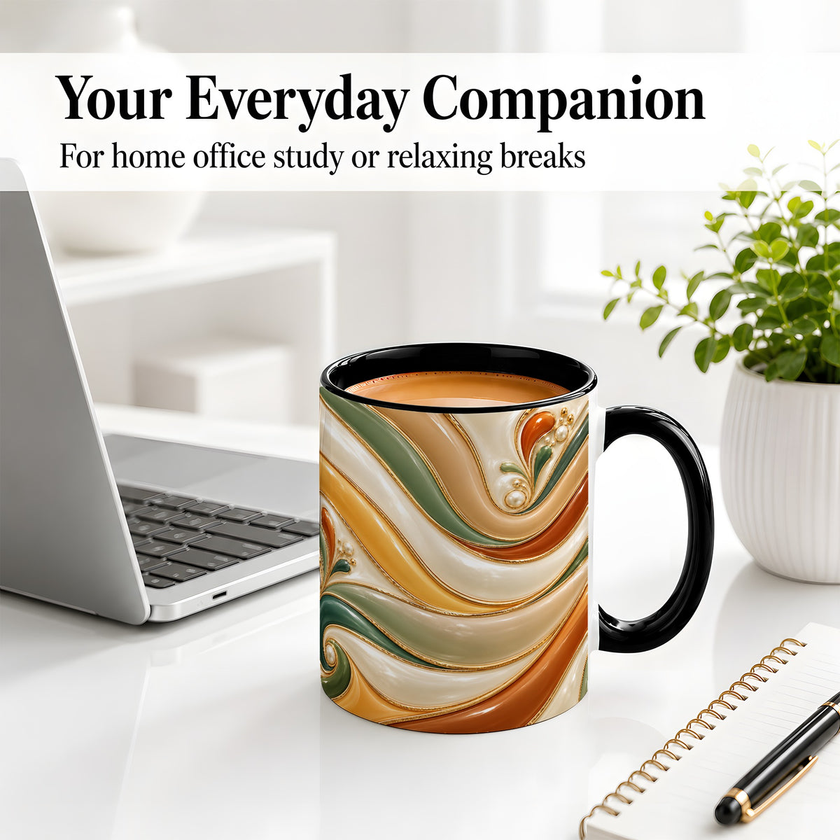 #pl[11oz|Black] Retro Abstract Ceramic Mug, Wavy Earth Tone Design for Art Lovers