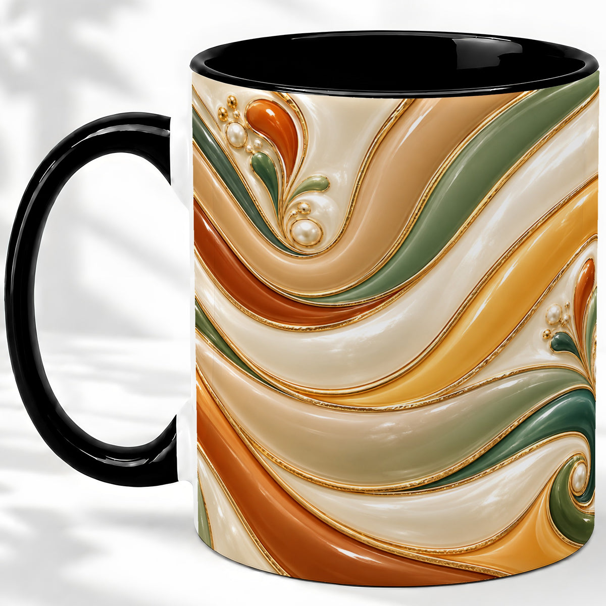 #pl[11oz|Black] Retro Abstract Ceramic Mug, Wavy Earth Tone Design for Art Lovers