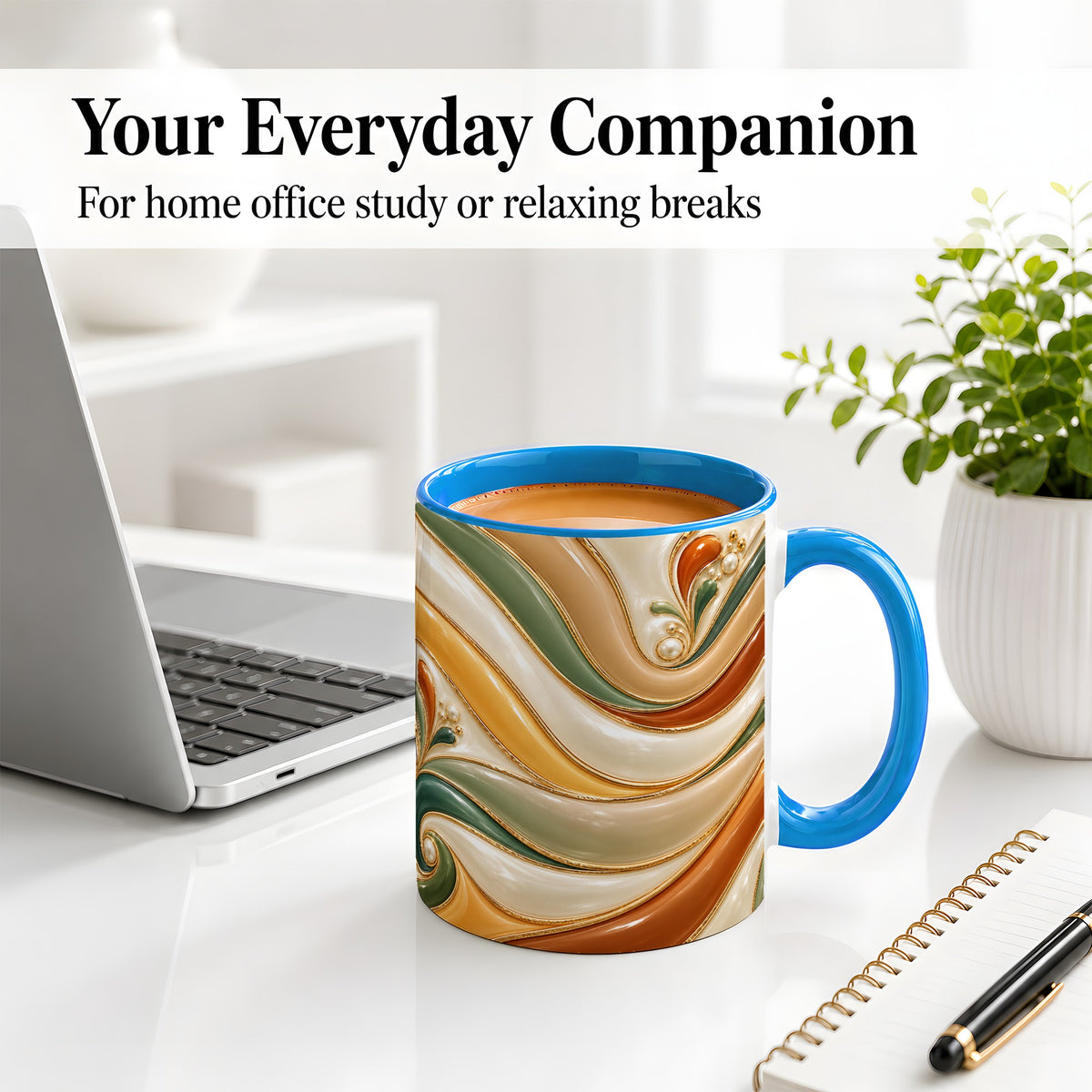 #pl[11oz|Blue] Retro Abstract Ceramic Mug, Wavy Earth Tone Design for Art Lovers