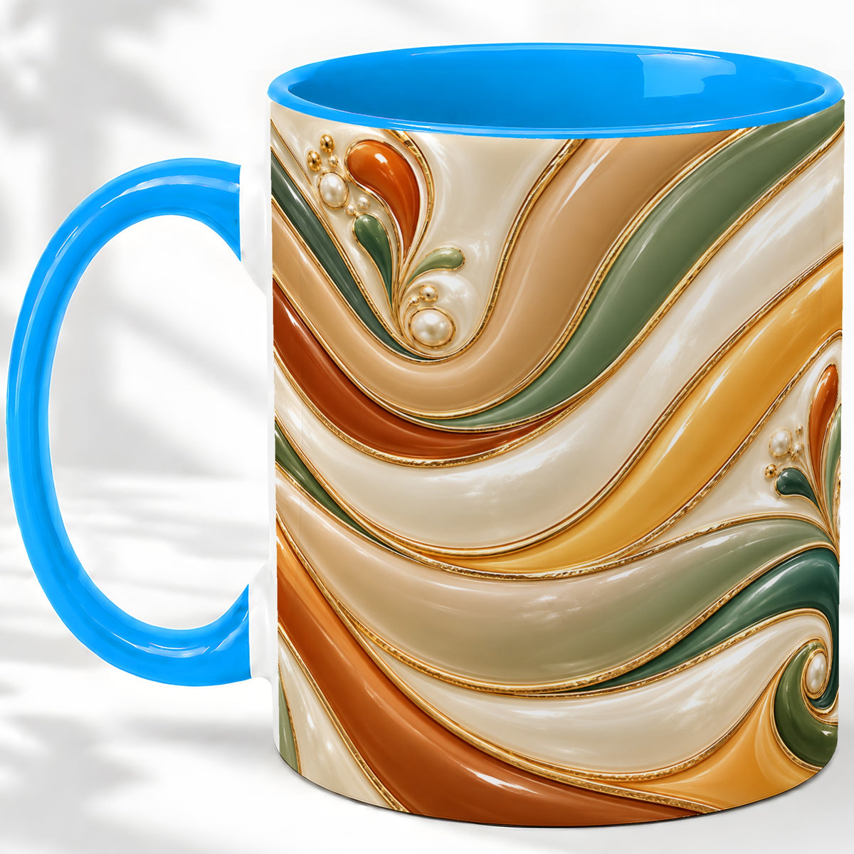#pl[11oz|Blue] Retro Abstract Ceramic Mug, Wavy Earth Tone Design for Art Lovers