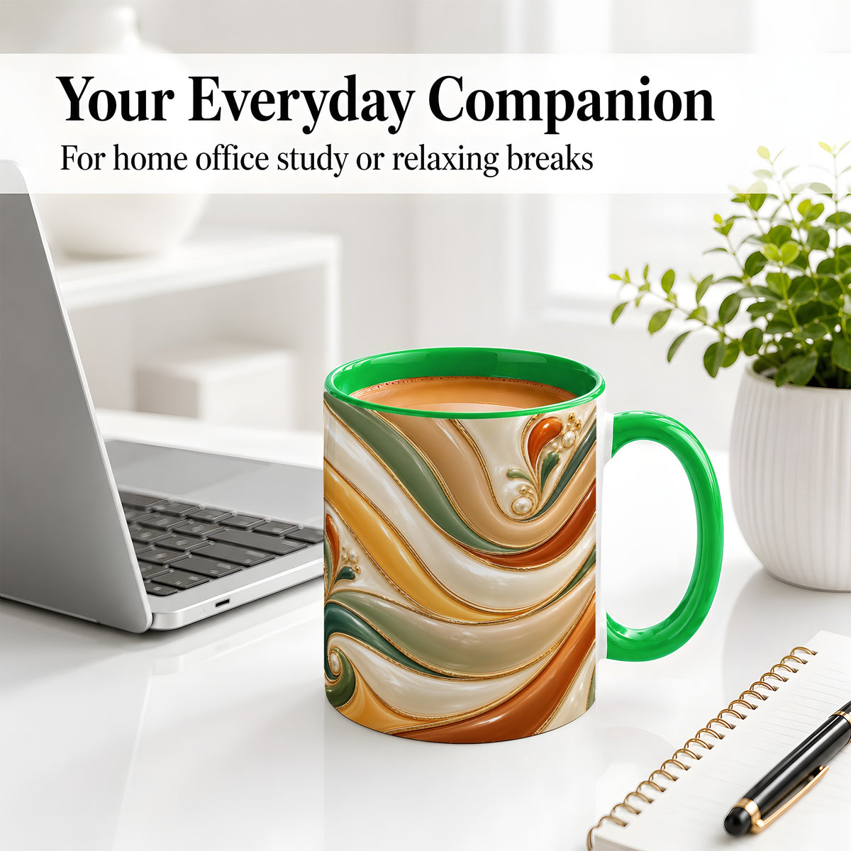 #pl[11oz|Green] Retro Abstract Ceramic Mug, Wavy Earth Tone Design for Art Lovers
