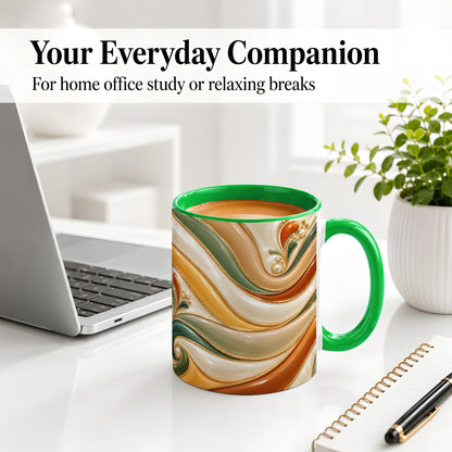 #pl[11oz|Green] Retro Abstract Ceramic Mug, Wavy Earth Tone Design for Art Lovers