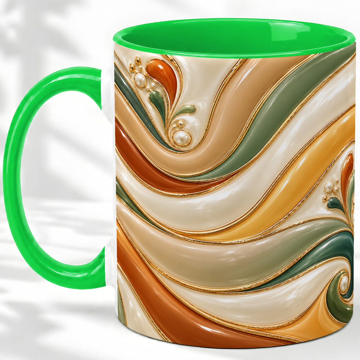 #pl[11oz|Green] Retro Abstract Ceramic Mug, Wavy Earth Tone Design for Art Lovers