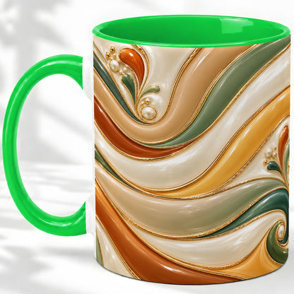 #pl[11oz|Green] Retro Abstract Ceramic Mug, Wavy Earth Tone Design for Art Lovers