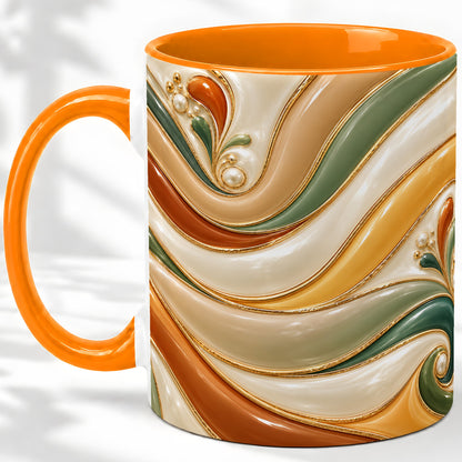 #pl[11oz|Orange] Retro Abstract Ceramic Mug, Wavy Earth Tone Design for Art Lovers