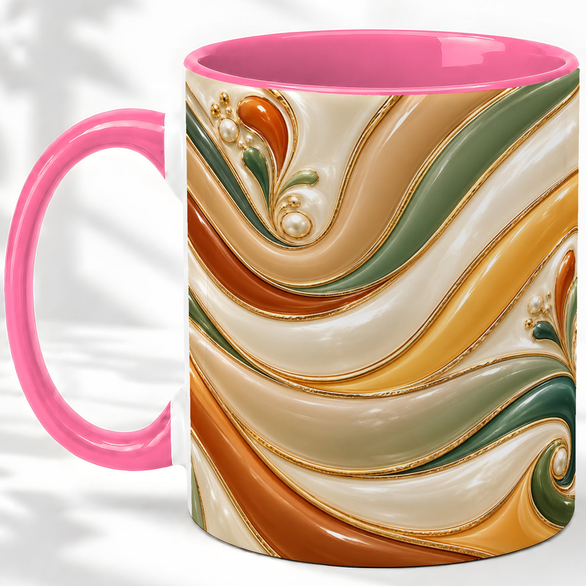 #pl[11oz|Pink] Retro Abstract Ceramic Mug, Wavy Earth Tone Design for Art Lovers