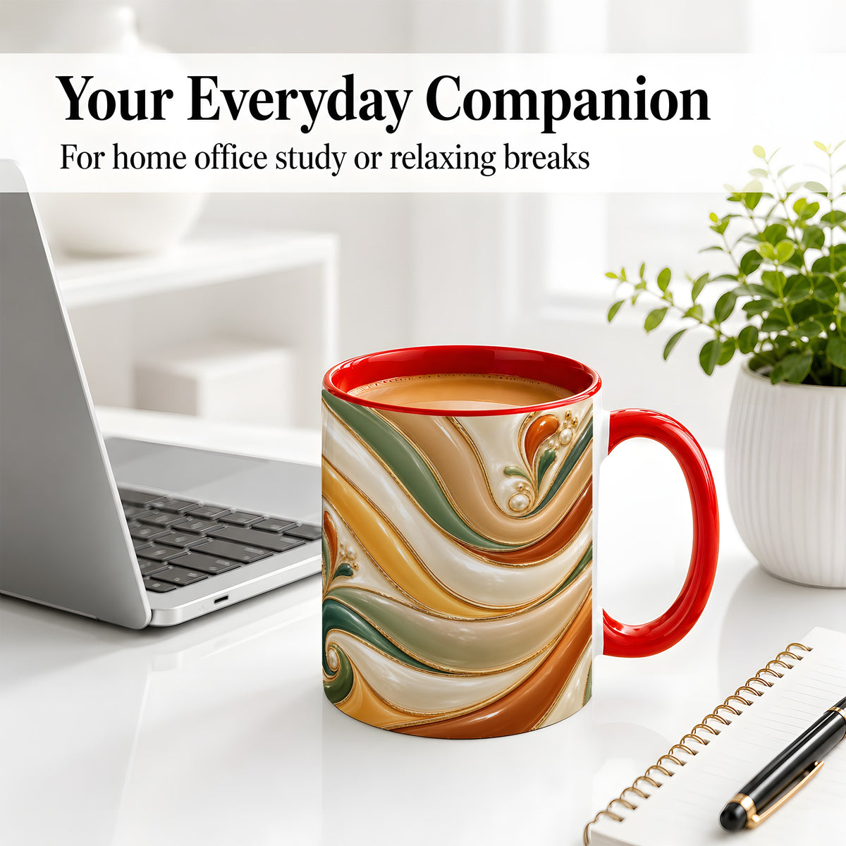 #pl[11oz|Red] Retro Abstract Ceramic Mug, Wavy Earth Tone Design for Art Lovers
