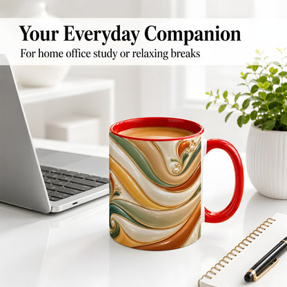 #pl[11oz|Red] Retro Abstract Ceramic Mug, Wavy Earth Tone Design for Art Lovers