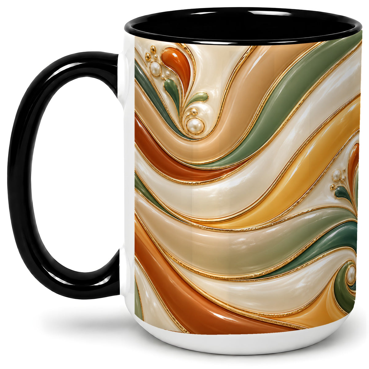 #pl[15oz|Black] Retro Abstract Ceramic Mug, Wavy Earth Tone Design for Art Lovers
