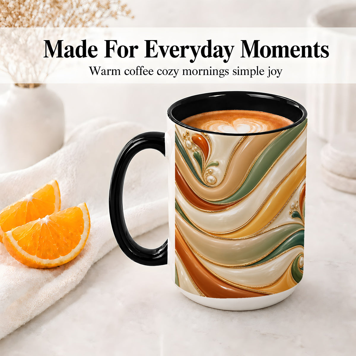 #pl[15oz|Black] Retro Abstract Ceramic Mug, Wavy Earth Tone Design for Art Lovers