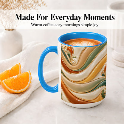 #pl[15oz|Blue] Retro Abstract Ceramic Mug, Wavy Earth Tone Design for Art Lovers