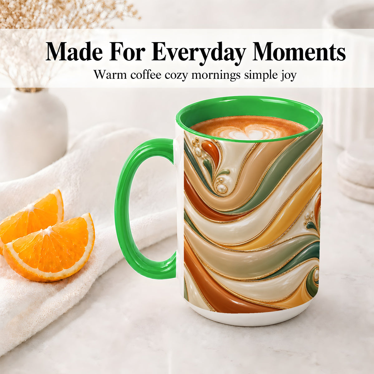 #pl[15oz|Green] Retro Abstract Ceramic Mug, Wavy Earth Tone Design for Art Lovers