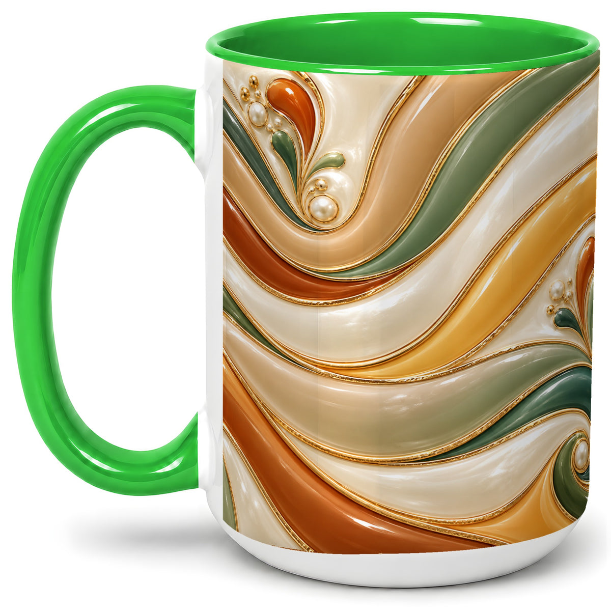 #pl[15oz|Green] Retro Abstract Ceramic Mug, Wavy Earth Tone Design for Art Lovers