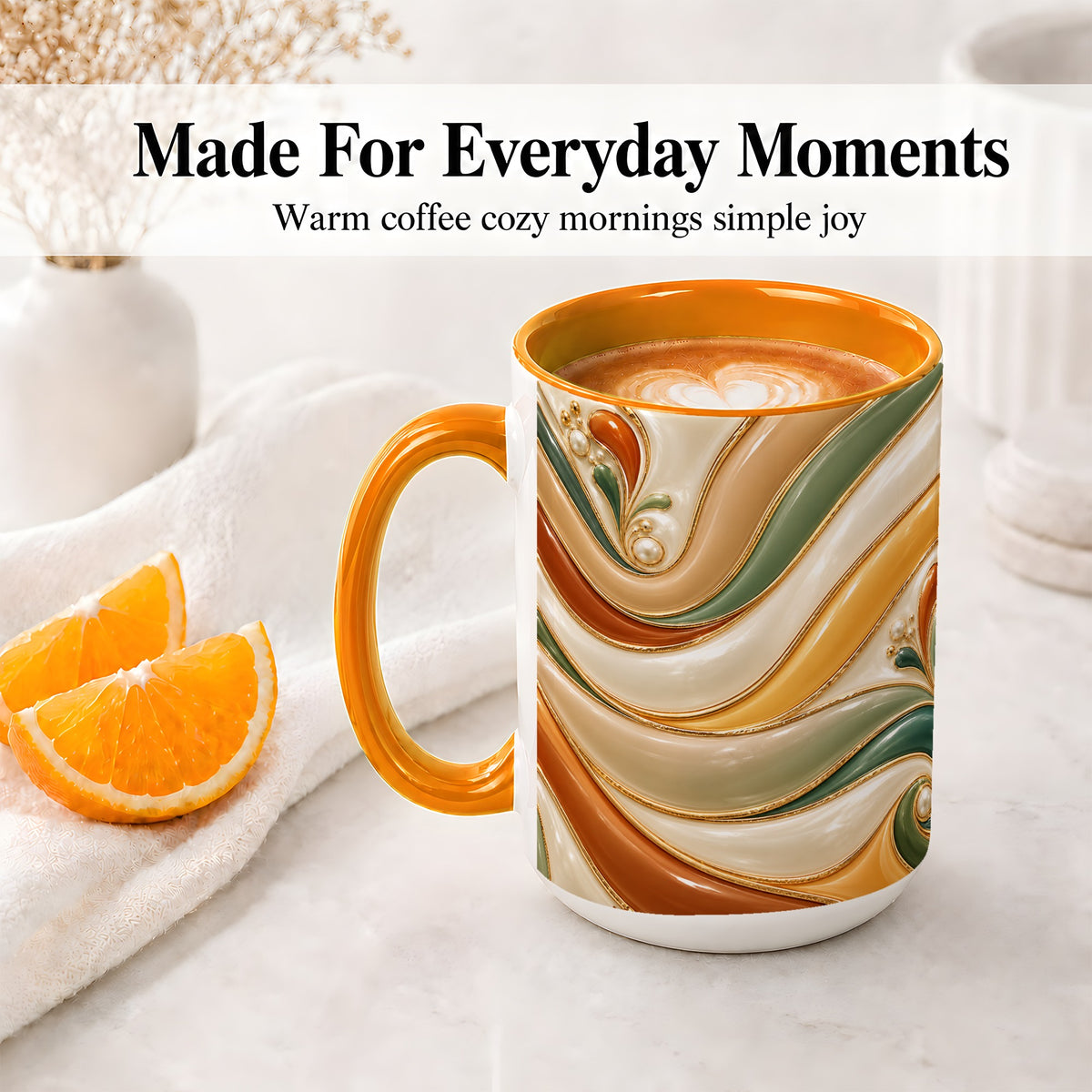#pl[15oz|Orange] Retro Abstract Ceramic Mug, Wavy Earth Tone Design for Art Lovers