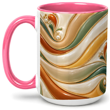 #pl[15oz|Pink] Retro Abstract Ceramic Mug, Wavy Earth Tone Design for Art Lovers