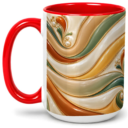#pl[15oz|Red] Retro Abstract Ceramic Mug, Wavy Earth Tone Design for Art Lovers