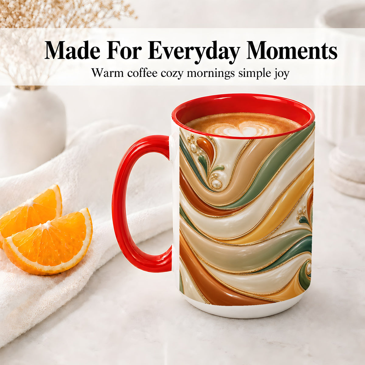 #pl[15oz|Red] Retro Abstract Ceramic Mug, Wavy Earth Tone Design for Art Lovers