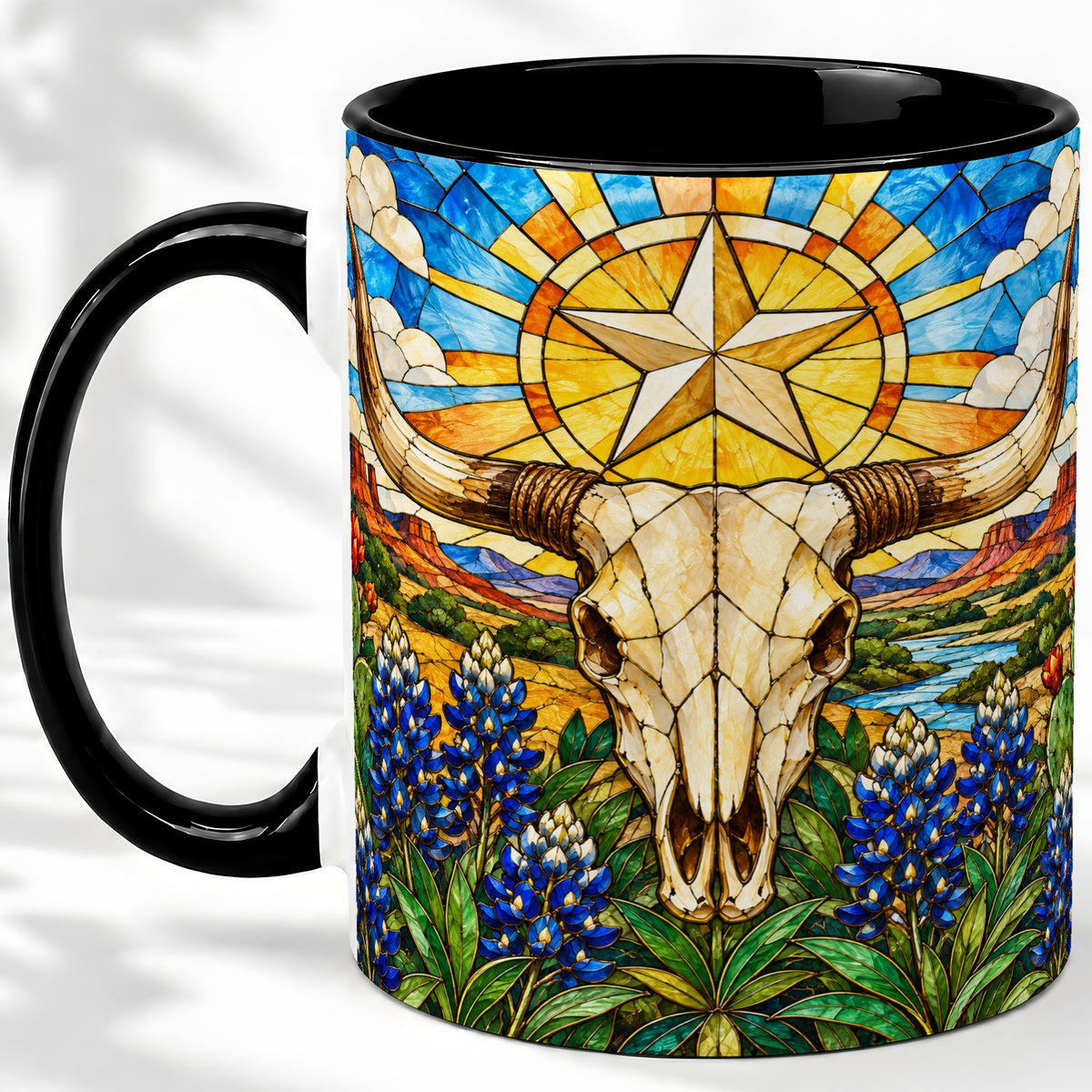 #pl[11oz|Black] Western Cattle Skull Ceramic Mug, Blue Floral Design for Western Fans
