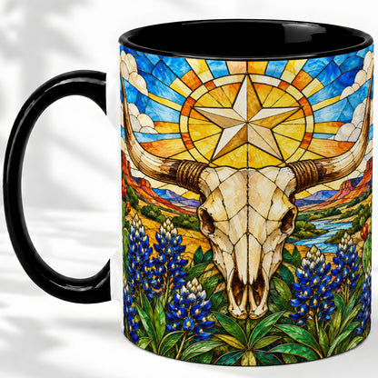 #pl[11oz|Black] Western Cattle Skull Ceramic Mug, Blue Floral Design for Western Fans