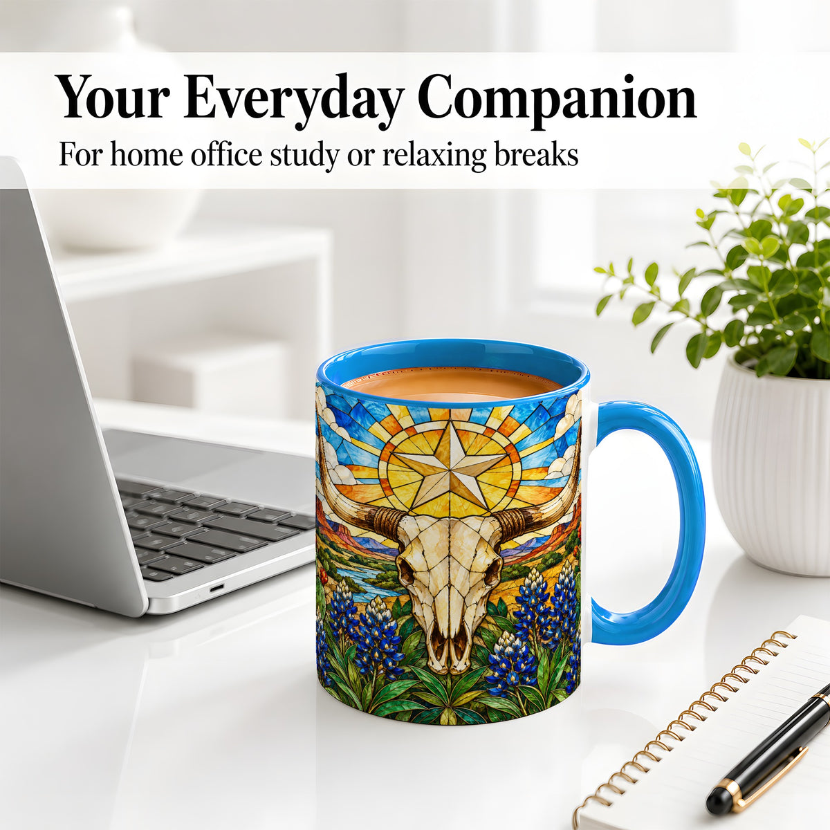#pl[11oz|Blue] Western Cattle Skull Ceramic Mug, Blue Floral Design for Western Fans