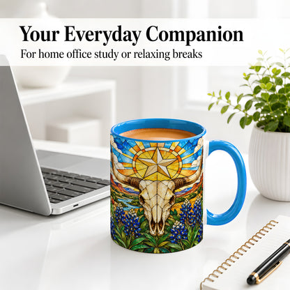 #pl[11oz|Blue] Western Cattle Skull Ceramic Mug, Blue Floral Design for Western Fans