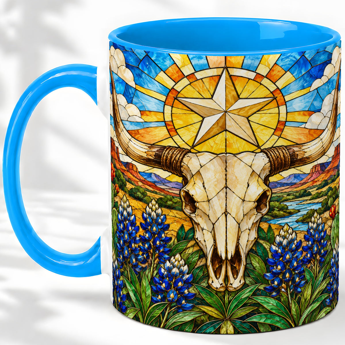 #pl[11oz|Blue] Western Cattle Skull Ceramic Mug, Blue Floral Design for Western Fans