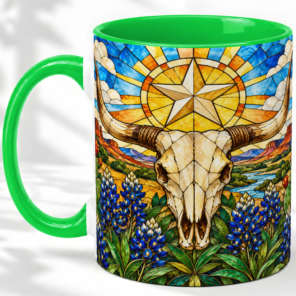 #pl[11oz|Green] Western Cattle Skull Ceramic Mug, Blue Floral Design for Western Fans