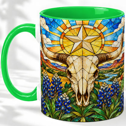 #pl[11oz|Green] Western Cattle Skull Ceramic Mug, Blue Floral Design for Western Fans