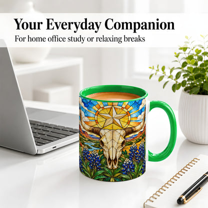 #pl[11oz|Green] Western Cattle Skull Ceramic Mug, Blue Floral Design for Western Fans